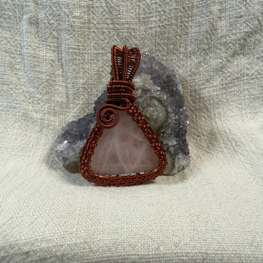 Handmade Copper Wire Wrapped Rose Quartz Triangle Natural Gemstone Pendant